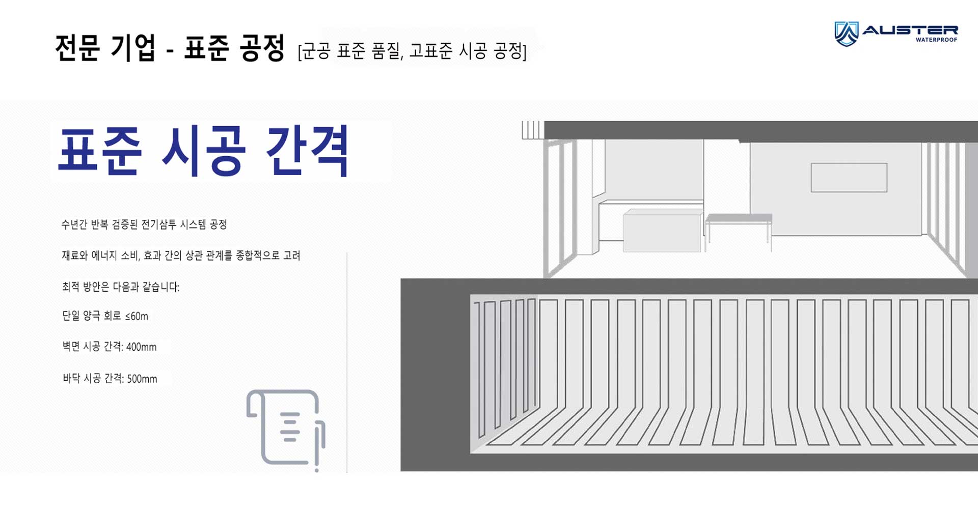 아우스터 전기삼투 시스템 표준 시공 공정 안내, 군공 표준 품질로 벽면/바닥 시공 간격과 양극 회로 규격을 보여줌
